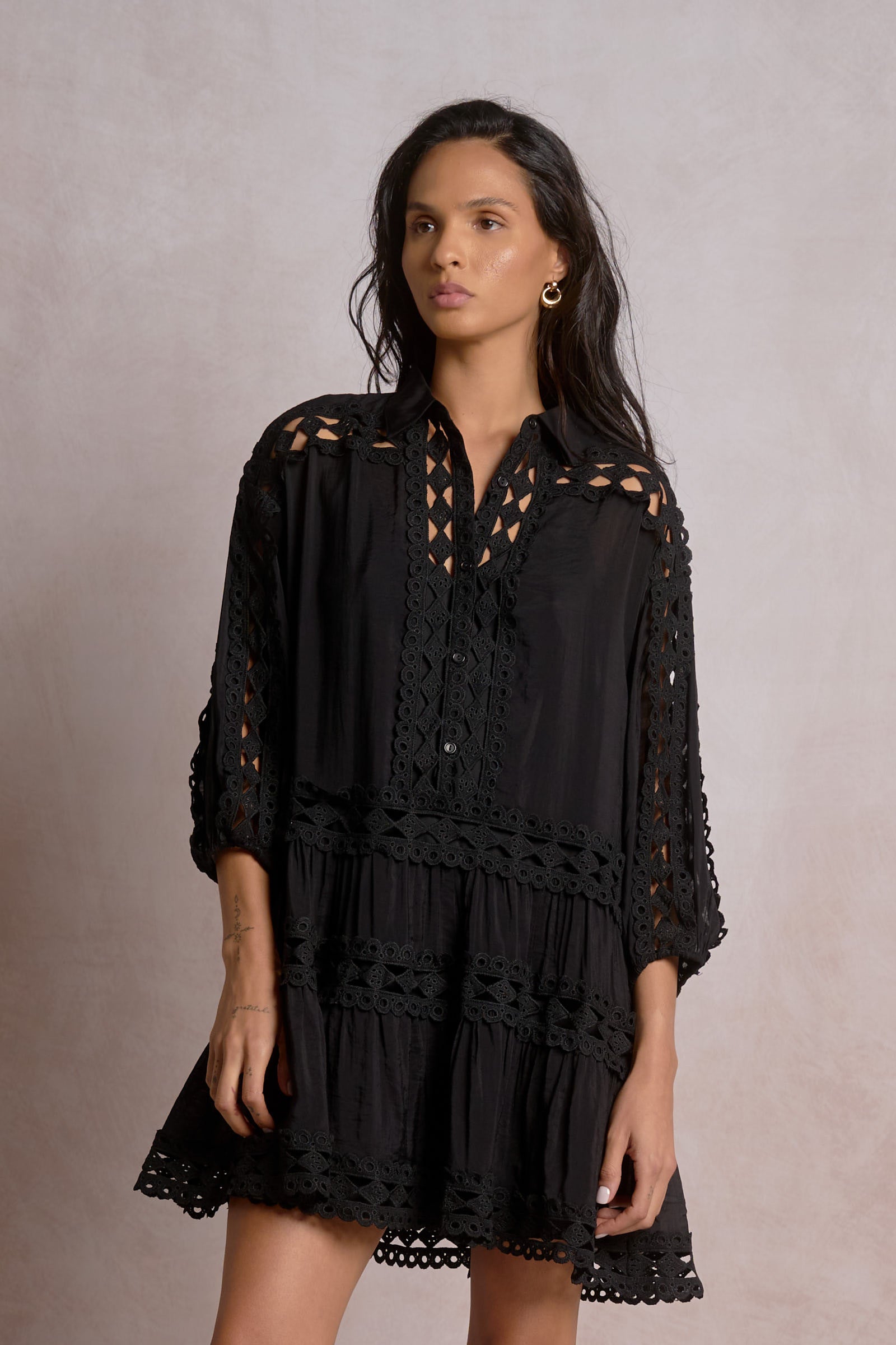 Solace Collared Mini Dress – Eyelet Trim 3/4 Sleeve Resort Dress