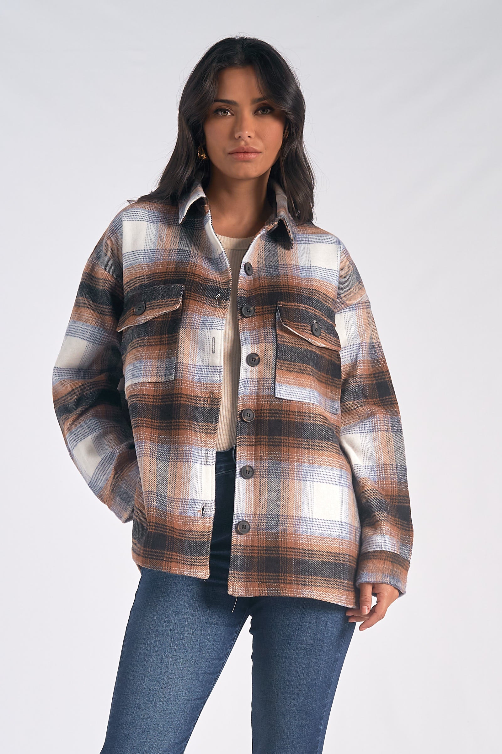 Buy Women's Brushed Plaid Shirts Long Sleeve Flannel Lapel Button Down  Pocketed Shacket Jacket Coats, Light Grey, Medium at Amazon.in