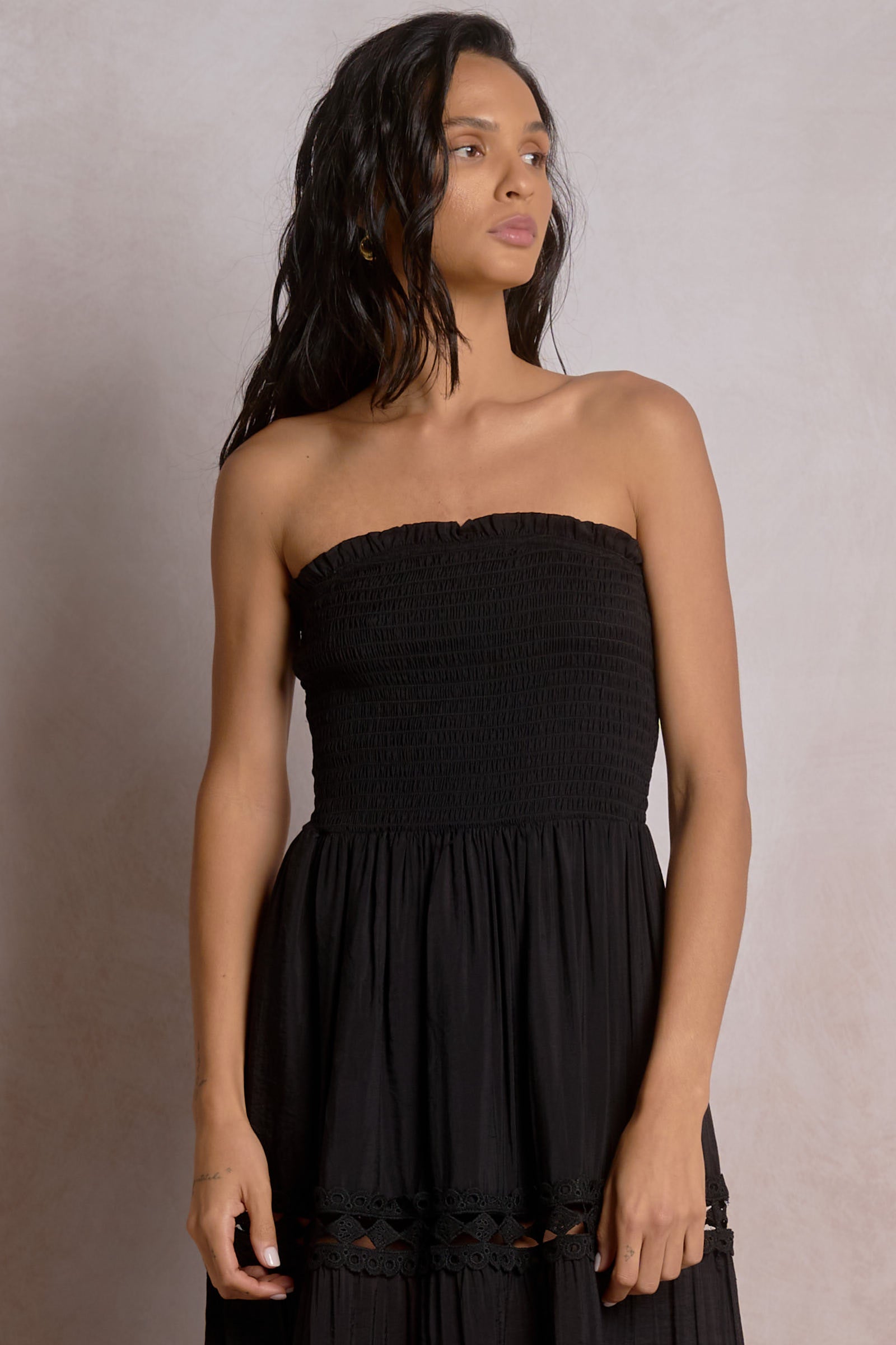 Soli Strapless Tiered Maxi Dress Eyelet Lace Trim Resort Dress | Shop Elan Soli Strapless Tiered Maxi Dress Eyelet Lace Trim Resort Dress | Shop Elan