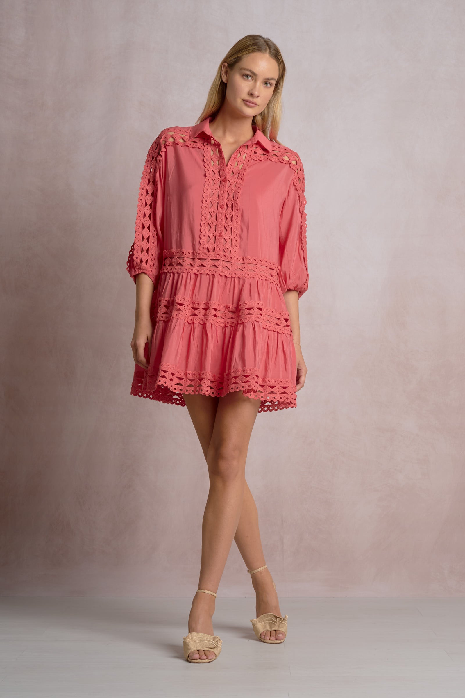 Solace Collared Mini Dress Eyelet Trim 3/4 Sleeve Resort Dress | Shop Elan Solace Collared Mini Dress Eyelet Trim 3/4 Sleeve Resort Dress | Shop Elan