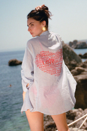 Tropical Button Down Blue White Heart